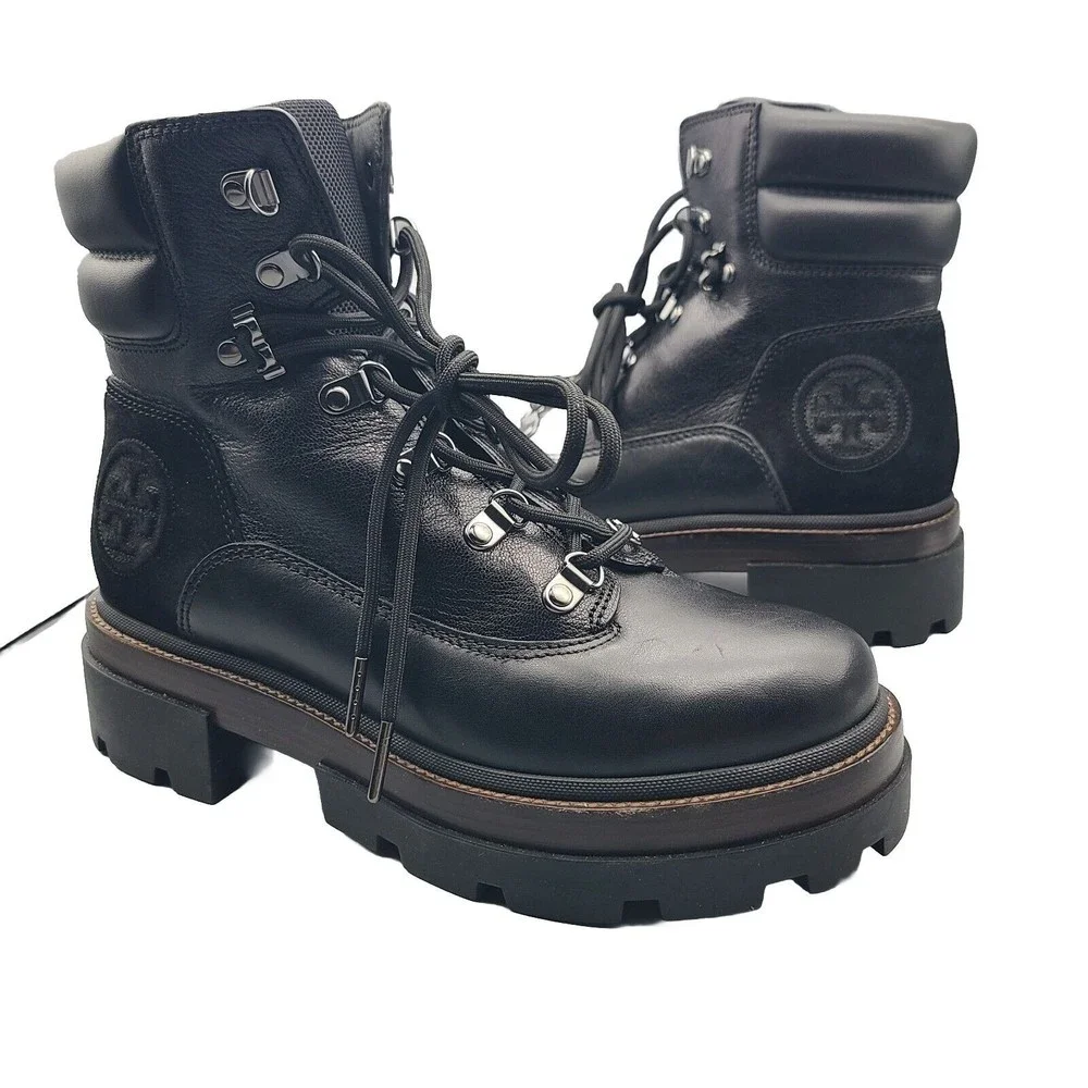 Tory Burch Women Boots Miller Lug Hiker Combat Black Lace Leather Logo 9.5 New